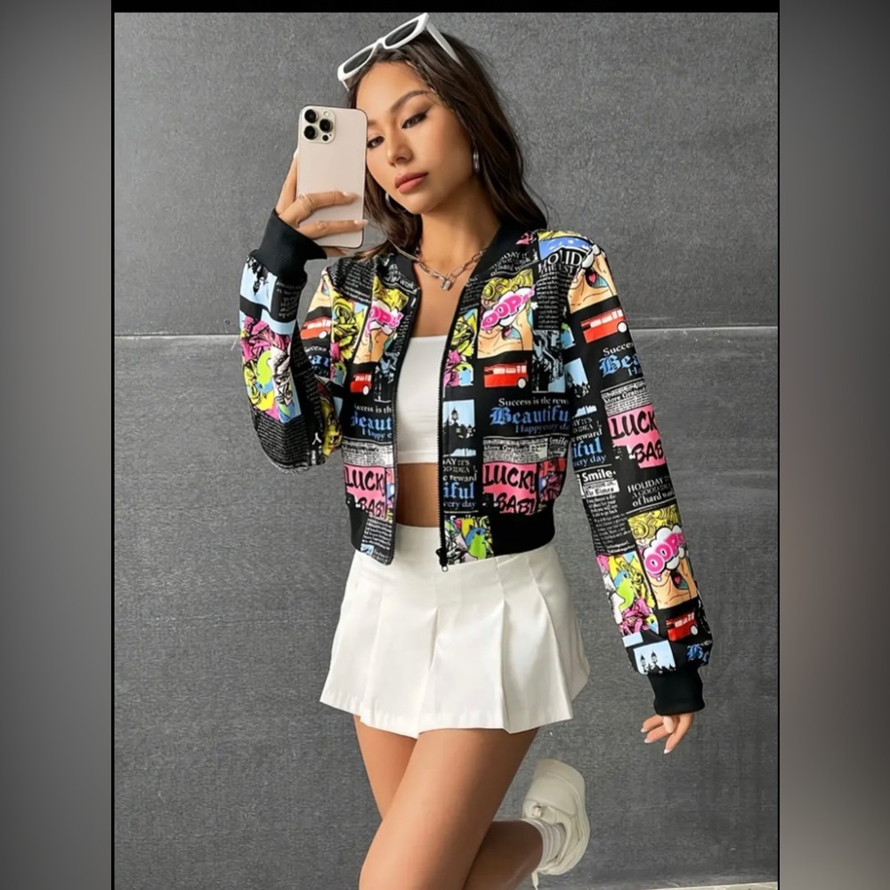 Pop Art Zip-up Jacket, Long Sleeve Crop Jacket Street Wear whimsical goth - Picture 5 of 6